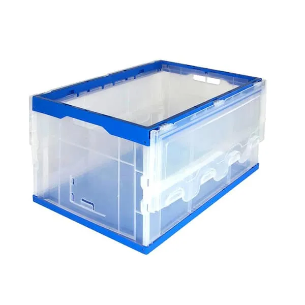 Mount-It! Collapsible Storage Bin with Attached Lid [65 Liter] Folding Crate, Durable Plastic Container, Trunk Storage, Box (23x15x13 Inches), Clear & Blue