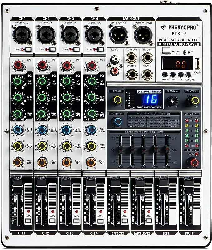 Phenyx Pro Professional DJ Mixer w/USB Audio Interface, 4-Channel Sound board Audio Mixer w/Stereo Equalizer, 16 DSP Effects, Ideal for Stage, Live Gigs, and Karaoke (PTX-15)