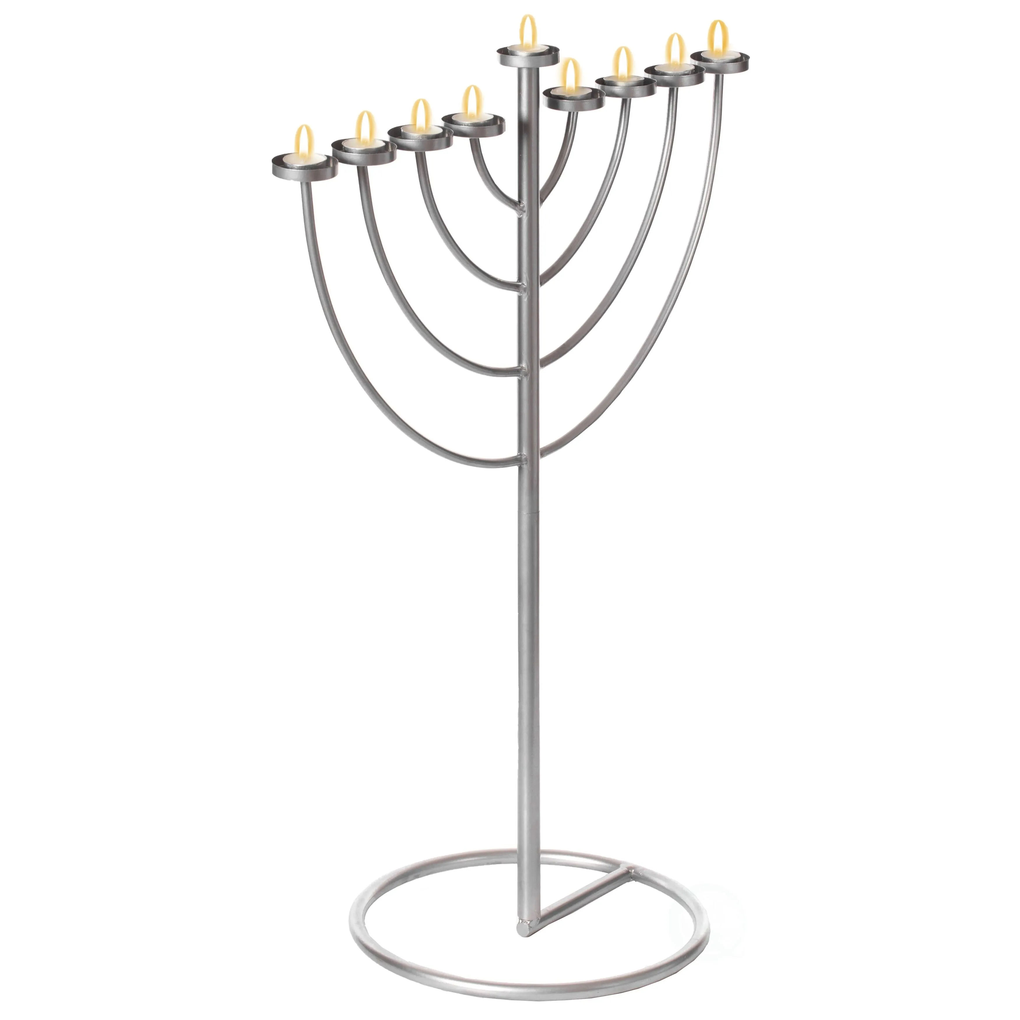 Medium Modern Silver 9 Branch Lighting Thin Pipe Hanukkah Menorah, Metal-Aluminum