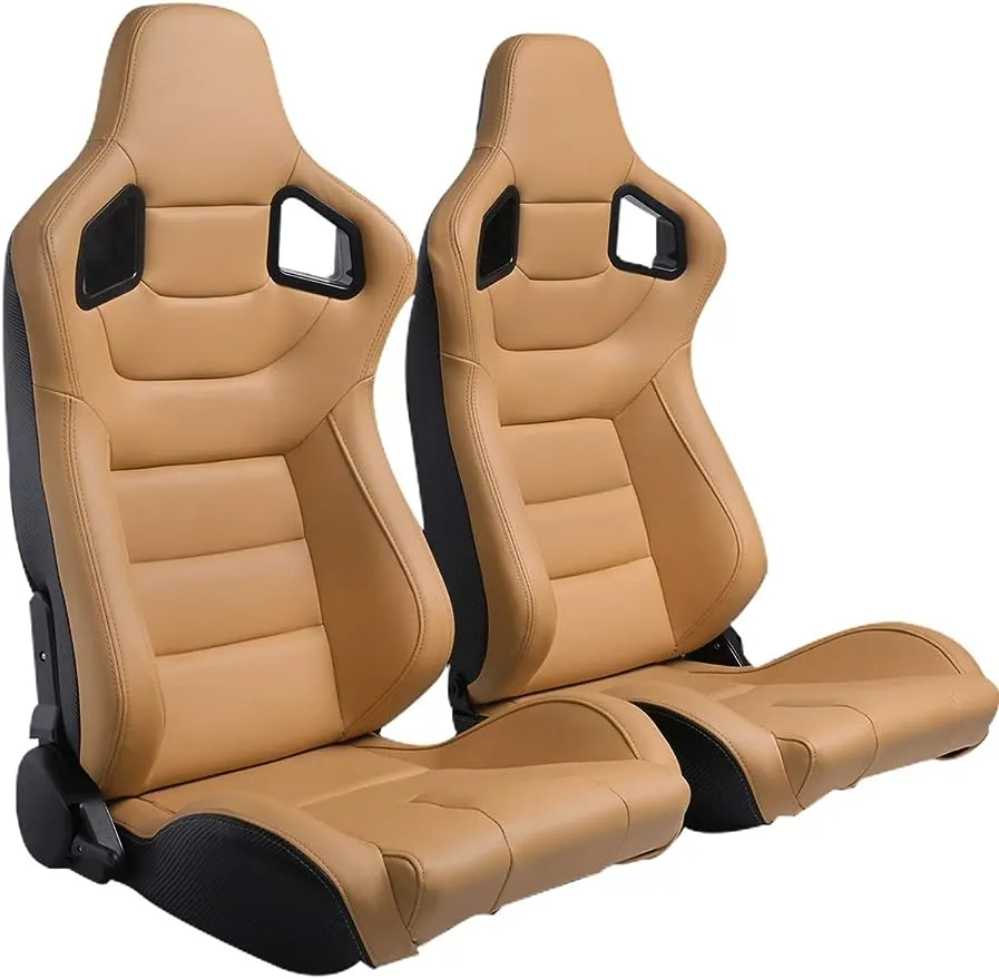 WIILAYOK 2pcs Racing Seats, Universal PVC Leather Bucket SEATS Sport Pair Adjustable SEATS with Sliders (Black & Beige/Tan Brown)