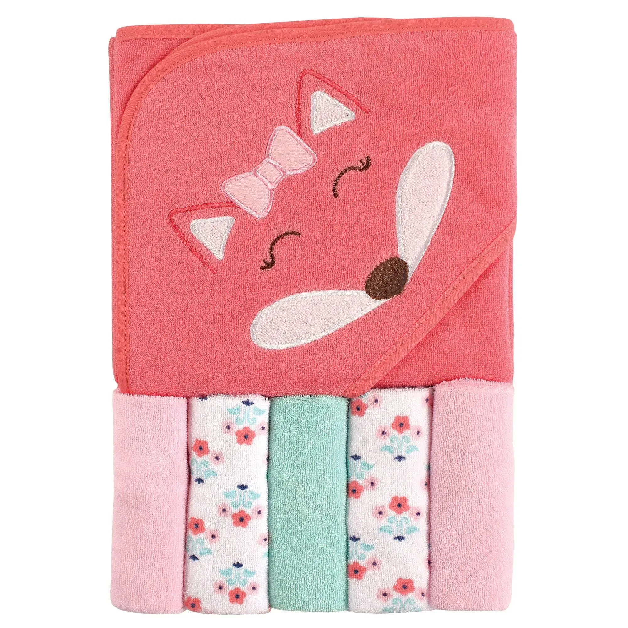 Luvable Friends Baby Hooded Towel with 5 Washcloths Set, Girl Fox