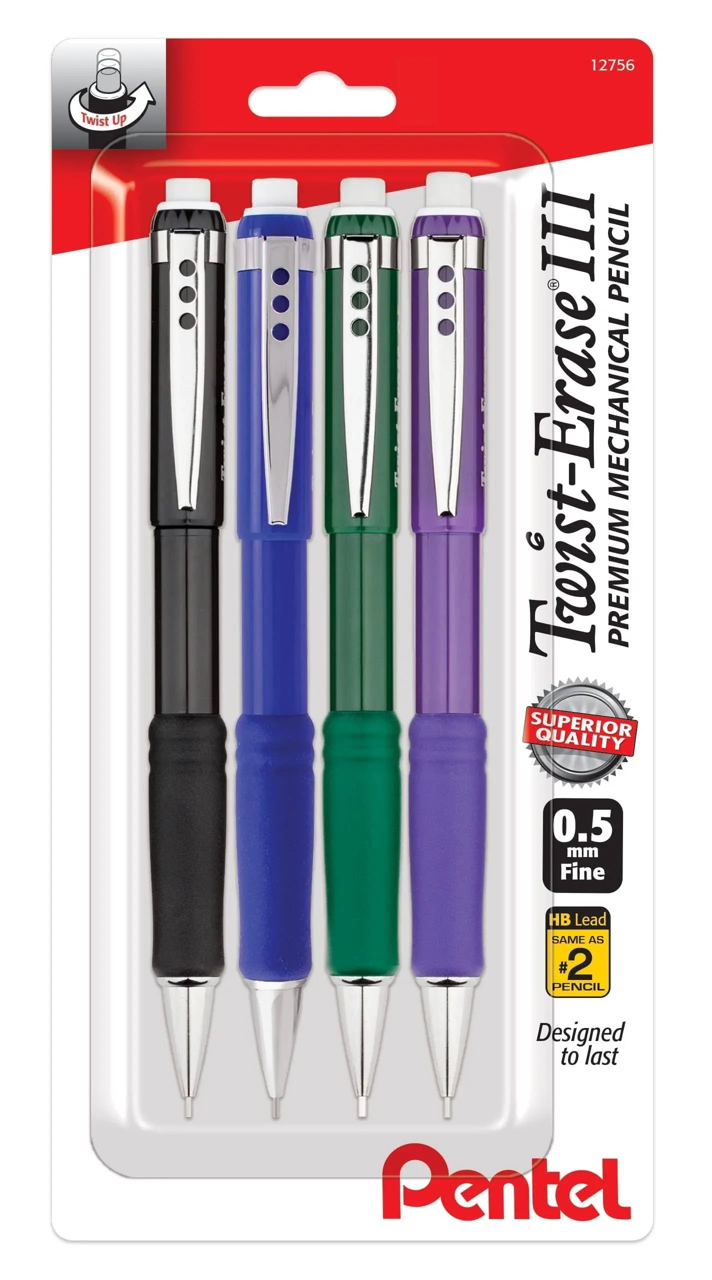 Pentel Twist Erase III Premium Mechanical Pencil 0.5mm 4 Pack Assorted Barrels (1 Each Black, Blue, Green, Violet)