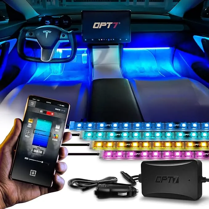 OPT7 Aura Interior Car Lights with Remote Control, Color Change, Music Sync Inside Ambient Lighting Kit, LED Lights for Car Truck Under Dash Accessories, Charger Adapter 12V, 4pc Single Row LED Strip