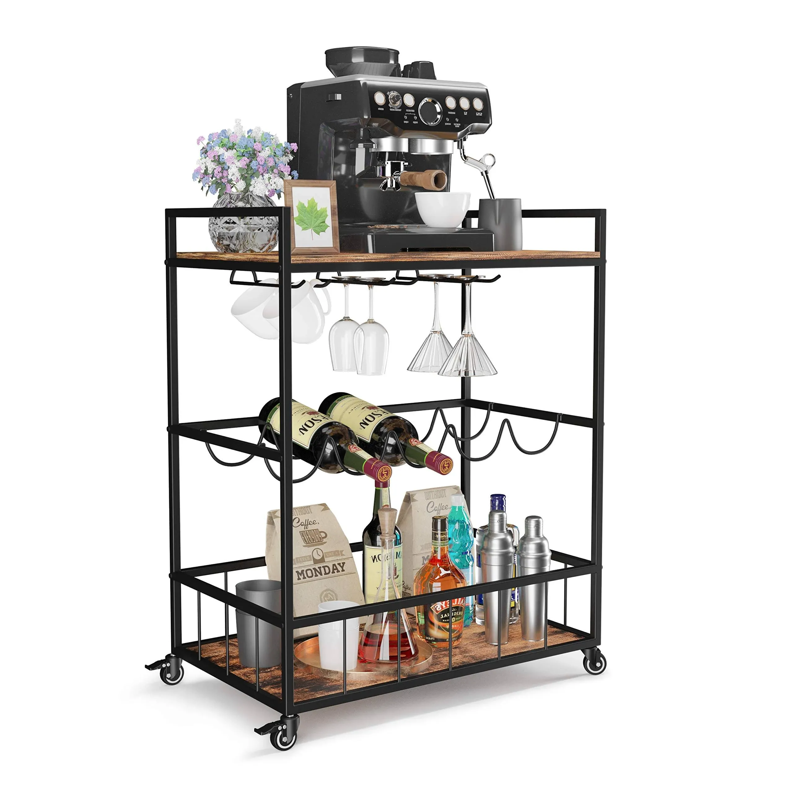 Industree Serving Cart On Wheels, 3-Tier Bar Cart with Wine Rack, Modern Wood and Metal Portable Coffee Cart Table for Home, Romantic Rustic Brown