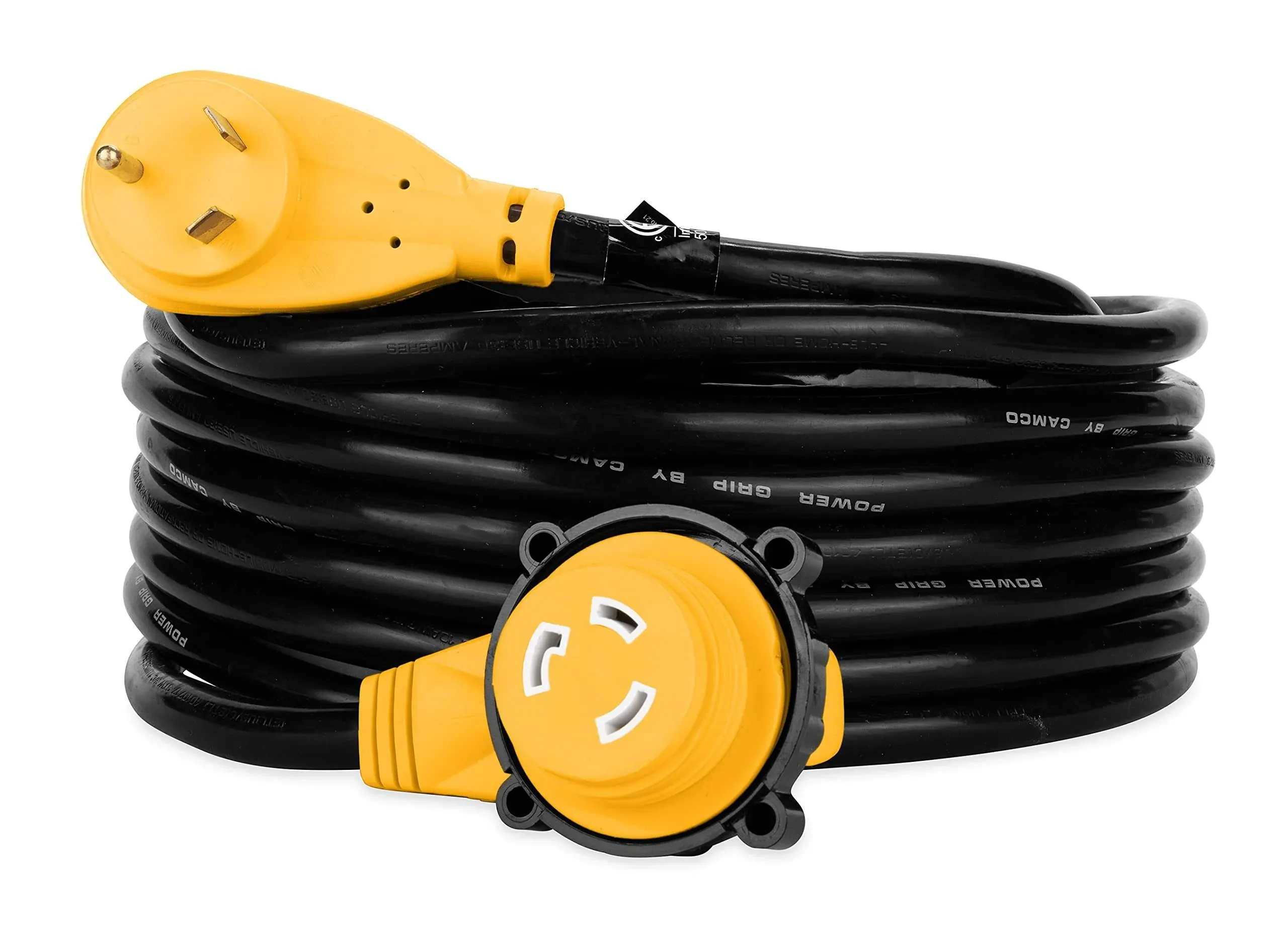 Camco PowerGrip 25-Foot Camper/RV Extension Cord with 30M/30F- 90 Degree Locking