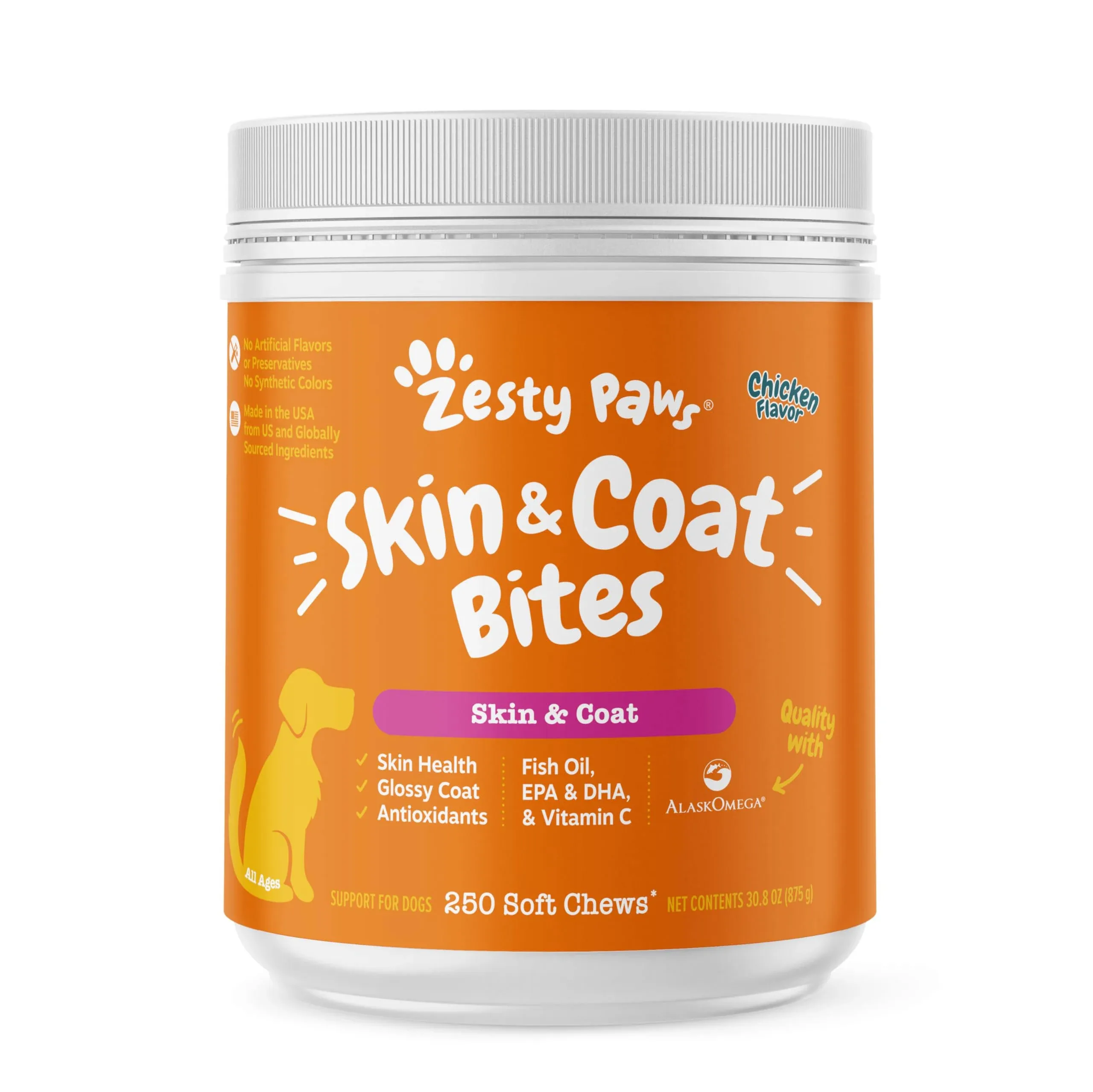 Zesty Paws Skin & Coat Bites for Dogs - Fish Oil Soft Chews with Omega-3 Fatty Acids EPA & DHA - Skin, Coat, Antioxidant & Immun