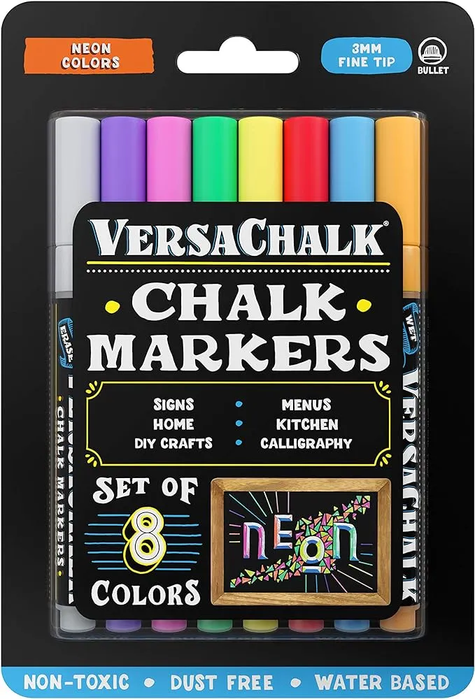 VersaChalk Neon Liquid Chalk Markers for Blackboards (8 Pack, 3mm, Fine Tip) - Erasable Washable Chalk Pens for Chalkboard Signs, Windows, Glass, Events, Schools, Office Supplies, and Business