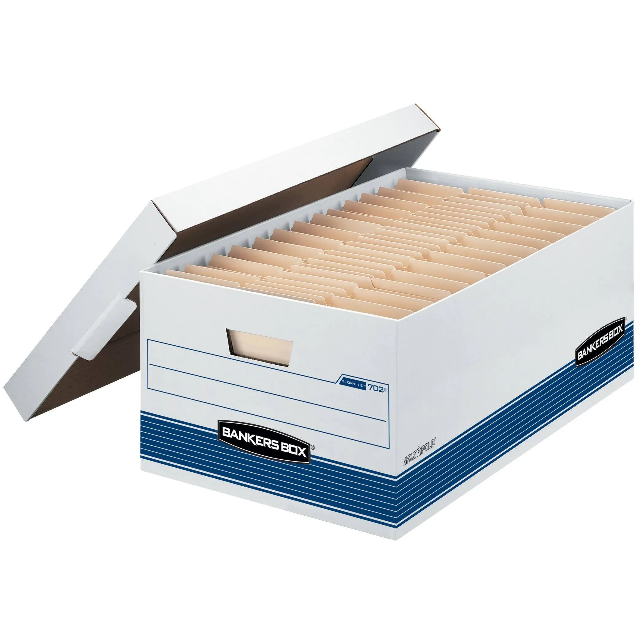 Bankers Box - STOR/FILE Storage Box, Legal, Locking Lid, White/Blue - 4/Carton