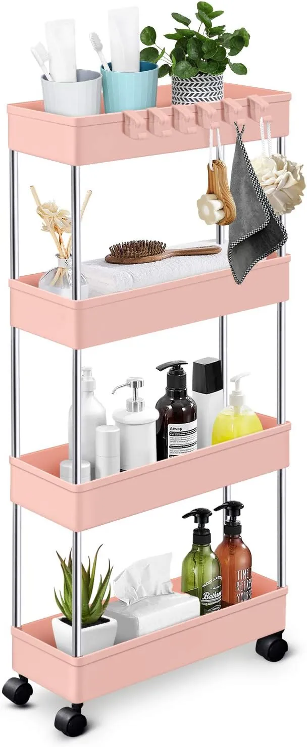 4Tier Rolling Storage Utility Cart with Wheels Kitchen Bathroom Rack, Pink