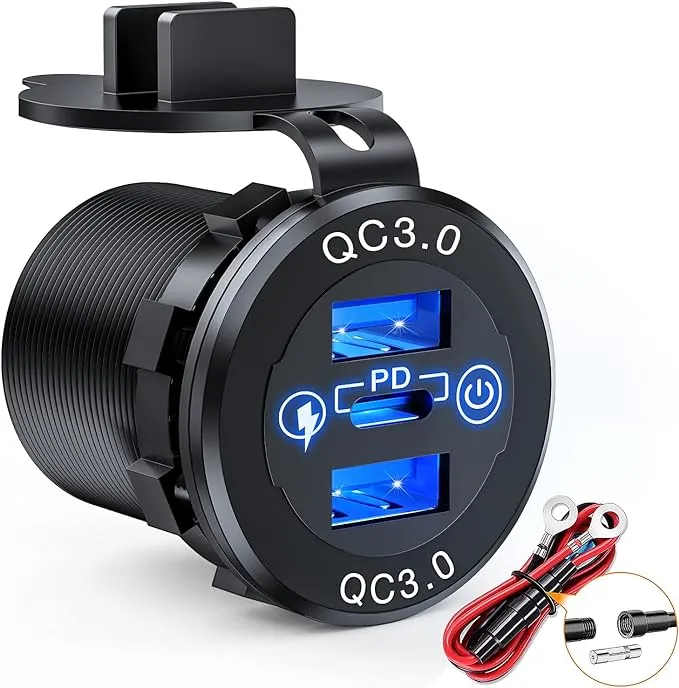 Nilight Quick Charge Socket PD Type C and QC3.0 Dual USB Charger 12V 24V Car Outlet ON Off Touch Switch Fused Wire Kit for Cars Trucks RVs Campers