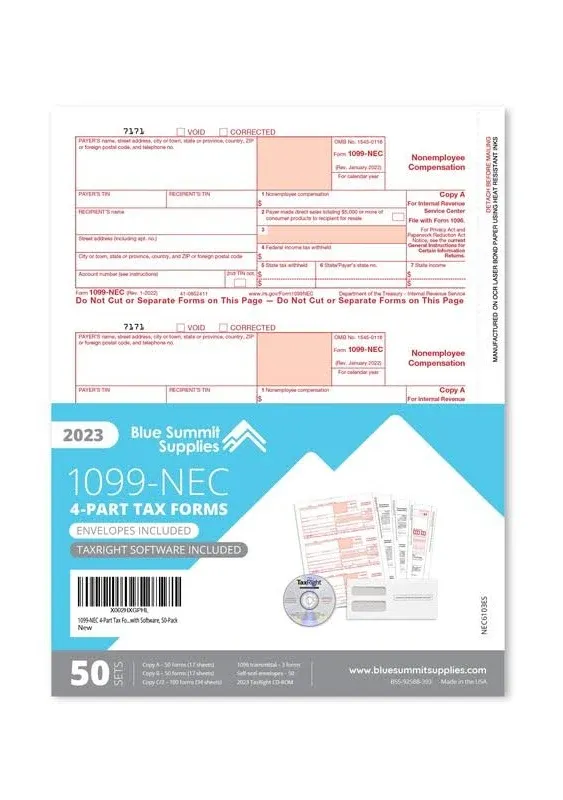 Blue Summit Supplies 1099-NEC 4 Part Tax Form Bundle 2024 with TaxRight CD-ROM (Formerly called TFP), Includes Self-Seal Envelopes, Designed for QuickBooks and Accounting Software, 50 Pack