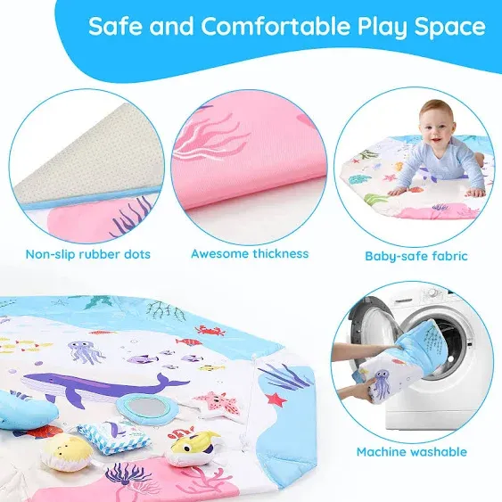 Baby Play Gym Mat, 5-in-1 Tummy Time Mat & Ball Pit, Baby Play Mat Activity Gym with Net and 6 Toys, Baby Toys Gift for Toddler Infant 0-3-6-9-12 Months