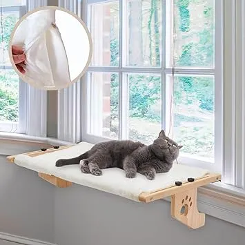 Large 27.5''x15'' Cat Window Perch for Cats Inside - No-Drilling Soft Cushioned Plush Cat Window Seat with Wood & Metal Frame, Easy to Assemble, for Indoor Cats' Sunbathing & Lounging