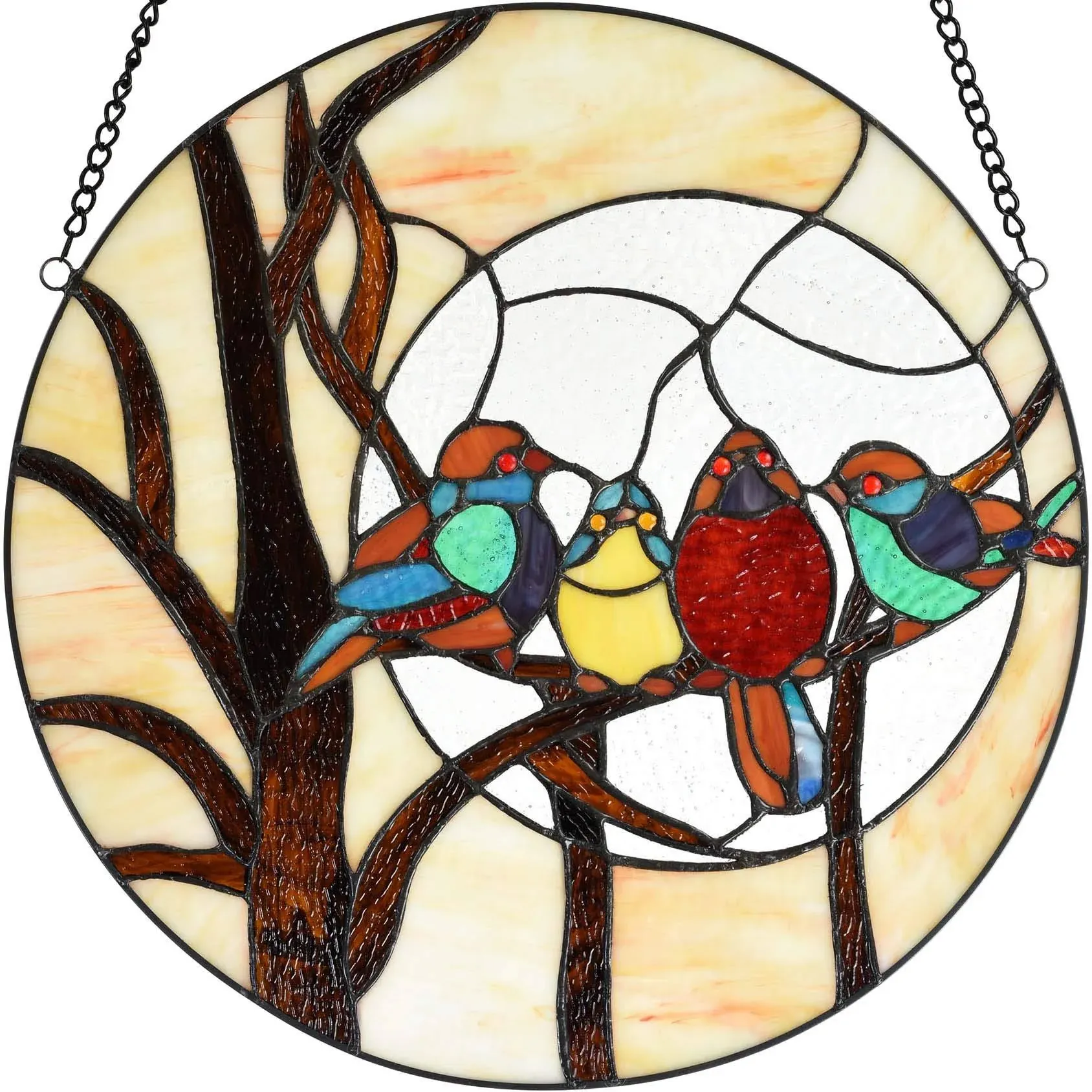 Bieye W10045 Tropical Birds On Branches at Night Tiffany Style Stained Glass Window Panel Hangings with Chain, 16-inch Wide Round Shape, Cream-Colored