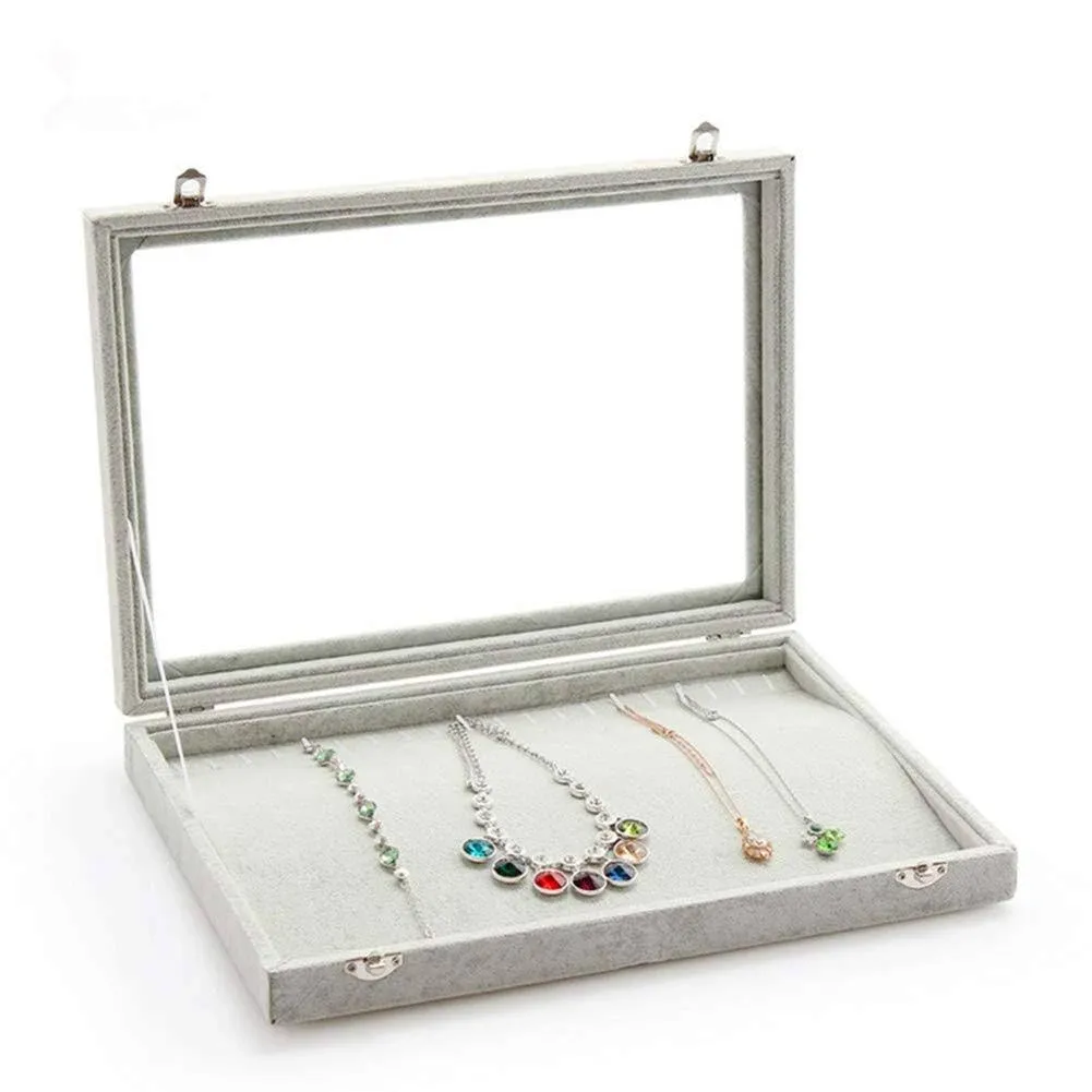 STYLIFING Necklaces Storage Velvet Jewelry Box for Necklaces Display Clear Lid Necklace Holder 20 Hooks Jewelry Tray for Necklaces Bracelet Stackable