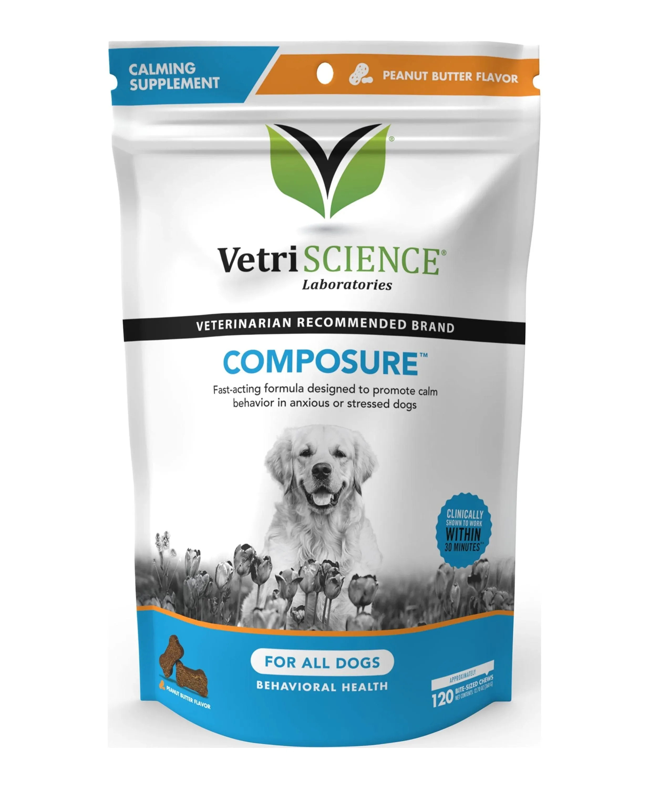 VETRISCIENCE Composure Clinically Proven Calming Chews for Dogs, Peanut Butter, 120 Chews - Fast Acting Stress, Barking and Anxiety Relief for Dogs 