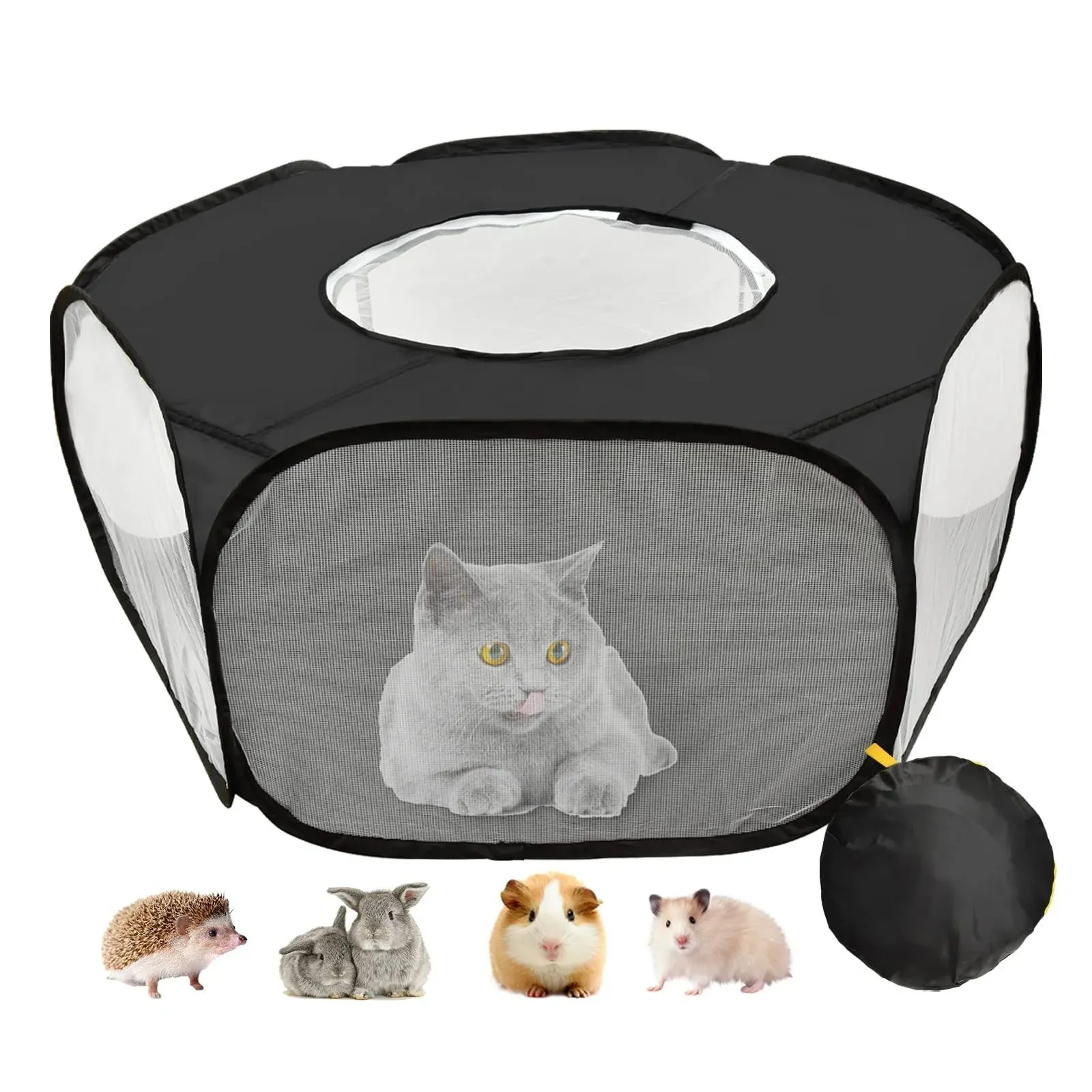  Small Animals Playpen with Anti Escape Zippered Cover Portable Black