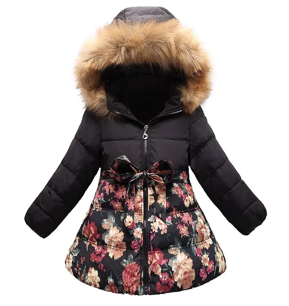 SS&CC Girls' Long Flower Printing Bowknot Winter Hooded Down Jacket