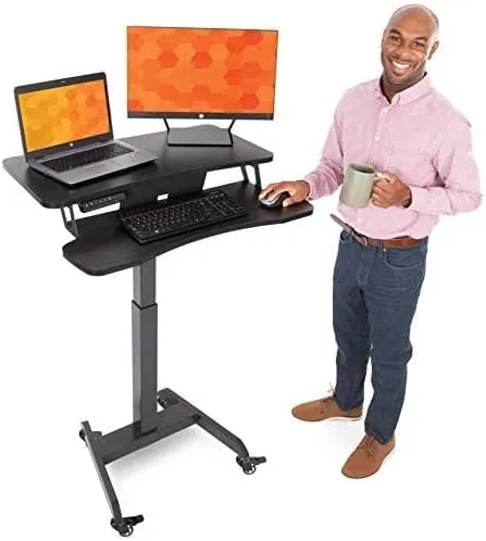 Stand Steady Cruizer Premier Electric Mobile Podium Desk with Keyboard Tray | Sit or Stand Height Adjustable Portable Standing Desk with Wheels | Portable Podium with Programmable Control Pad (Black)