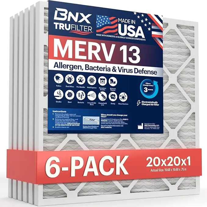 BNX TruFilter 20x20x1 Air Filter MERV 13 (6-pack) - Made in USA - Electrostatic Pleated Air Conditioner HVAC AC Furnace Filters for Allergies Pollen