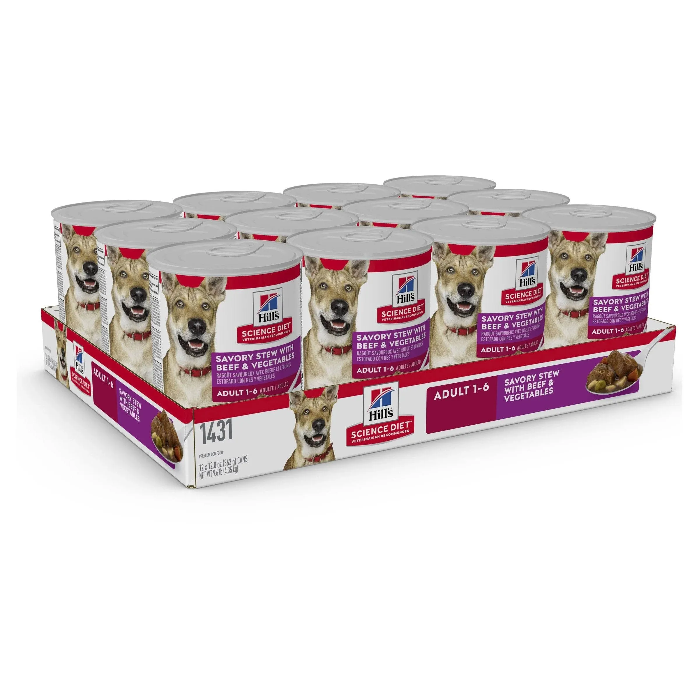 Hill's Savory Stew with Beef Vegetables Canned Dog Food, 12.8 oz, 12-pack.