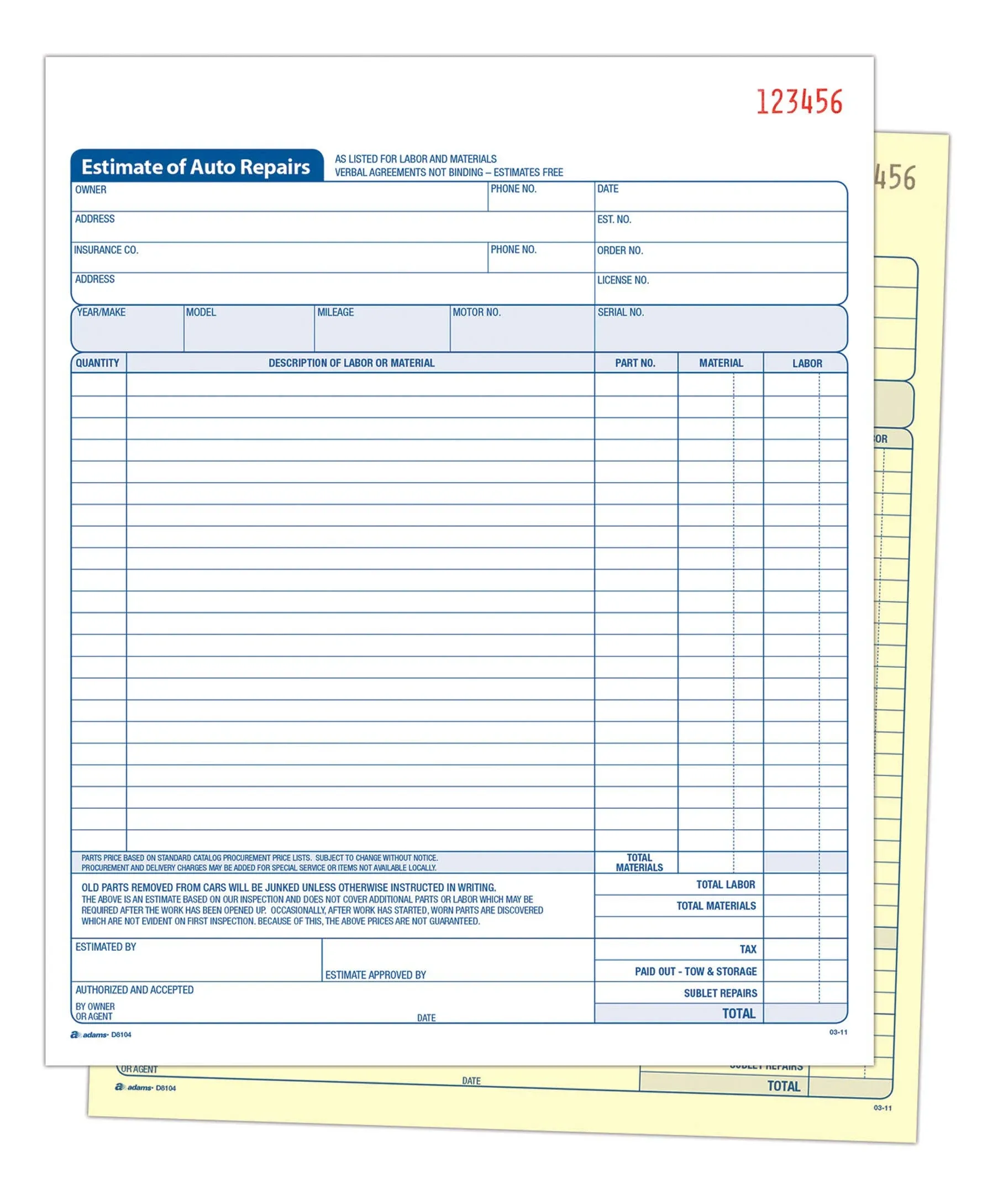 Adams Auto Repair Estimate Book, 2-Part, Carbonless, White/Canary, 8-3/8 x 10-11/16 Inches, 50 Sets per Book (D8104)