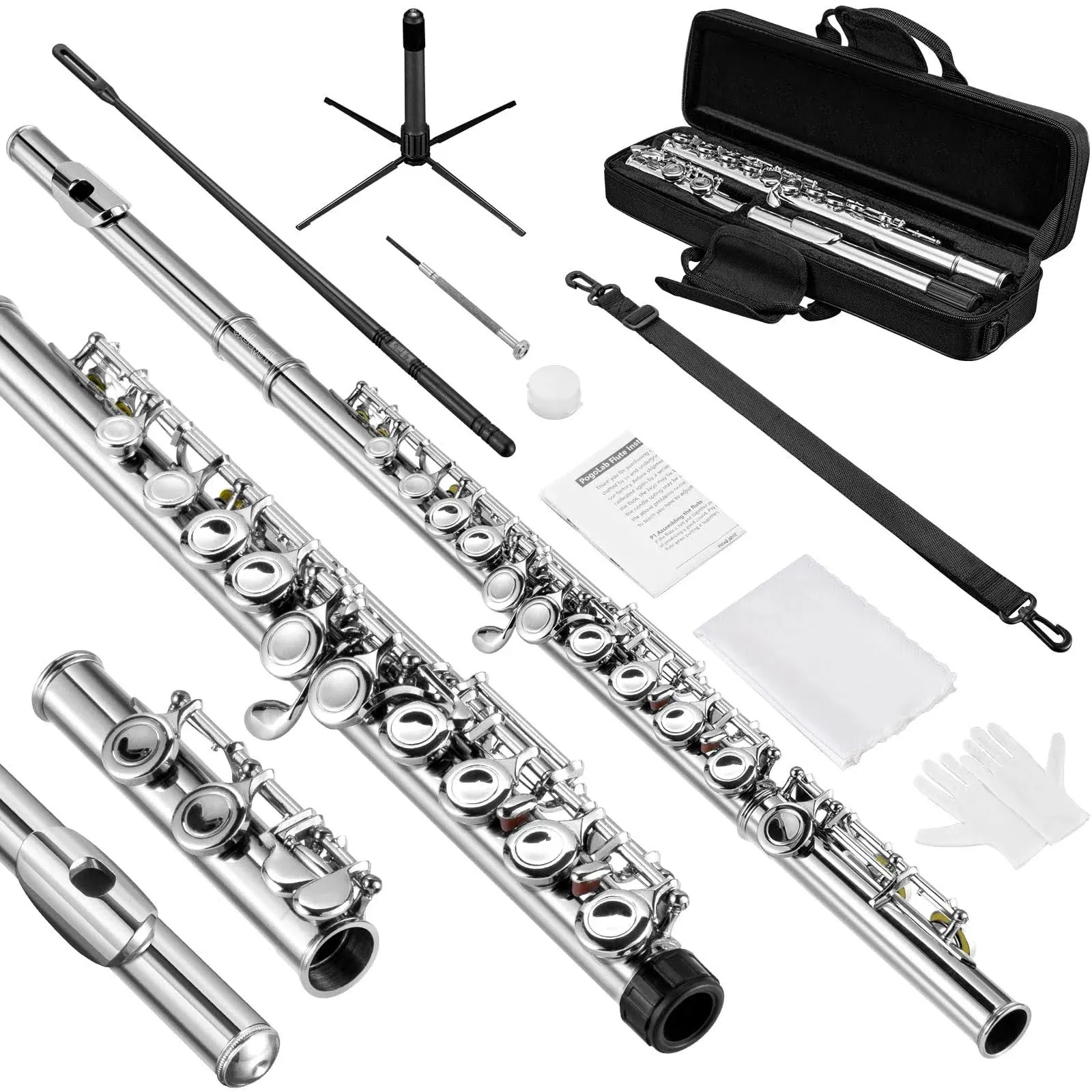 Flutes, Closed Hole C 16 Keys Flute Instrument, Student Flute for Beginner Advanced Player, with Flute Cleaning Kit, Carry Bag, Strap, Probe Rod, Gloves (Nickel Flute)