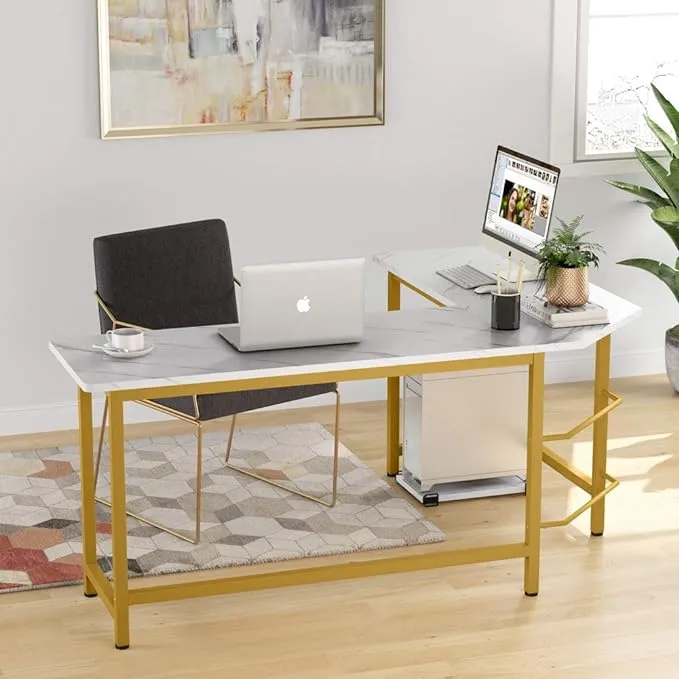 Modern L-Shaped Desk, Corner Computer Desk PC Workstation, White Faux Marble/Gold Metal Frame