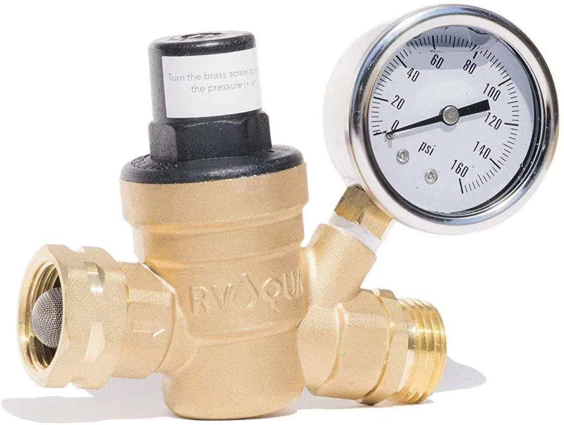 RVAQUA M11-45PSI Adjustable Water Pressure Regulator for RV Camper - Essential RV Accessories with 160 PSI Gauge, Inlet Stainless Screened Filter - Lead-Free Brass RV Water Pressure Reducer