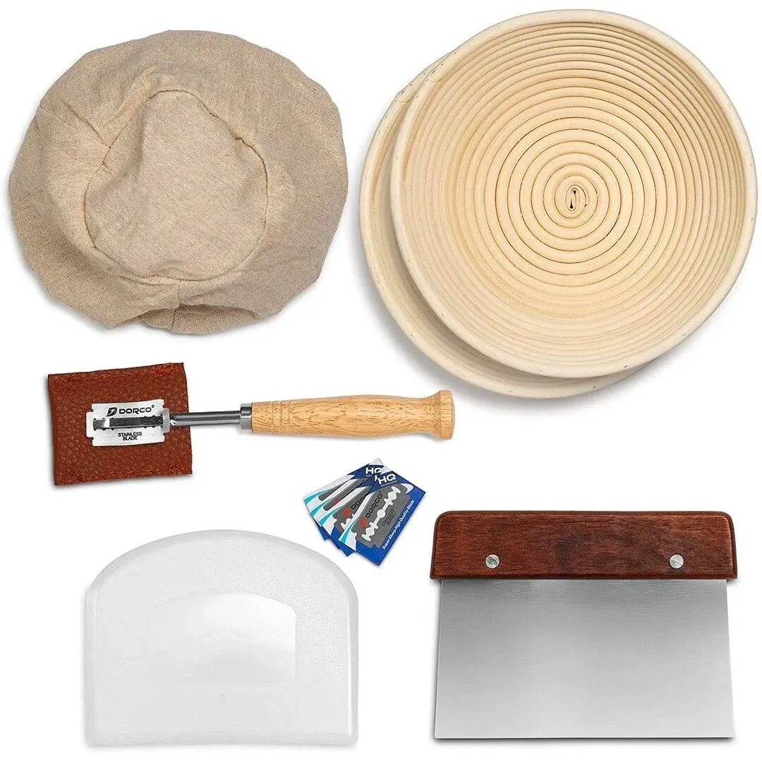 Proofing Set, by Kook, Sourdough Bread, 2 Rattan 9 Inch Banneton Baskets, 2 Basket Covers, Metal Scraper, Plastic Scraper, Scoring Lame, 5 Blades and Case, Baking Kit, Dough Bowls, Round Shape