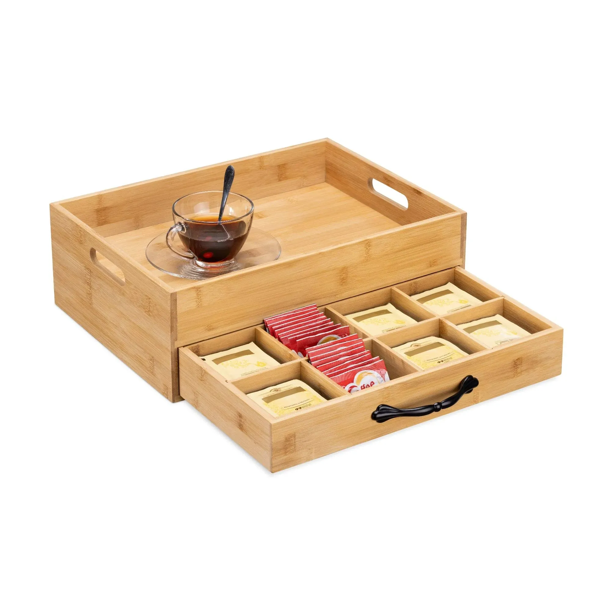 Navaris Bamboo Tea Box and Tray - Serving Tray with Storage for Tea Bags with Bag ...