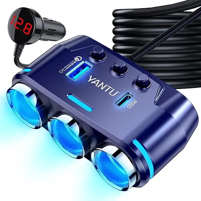 Yantu Cigarette Lighter Adapter, Car Charger Adapter 3 Socket Cigarette Lighter Splitter with LED Voltage Display PD/QC 3.0 Charger On/Off Switches