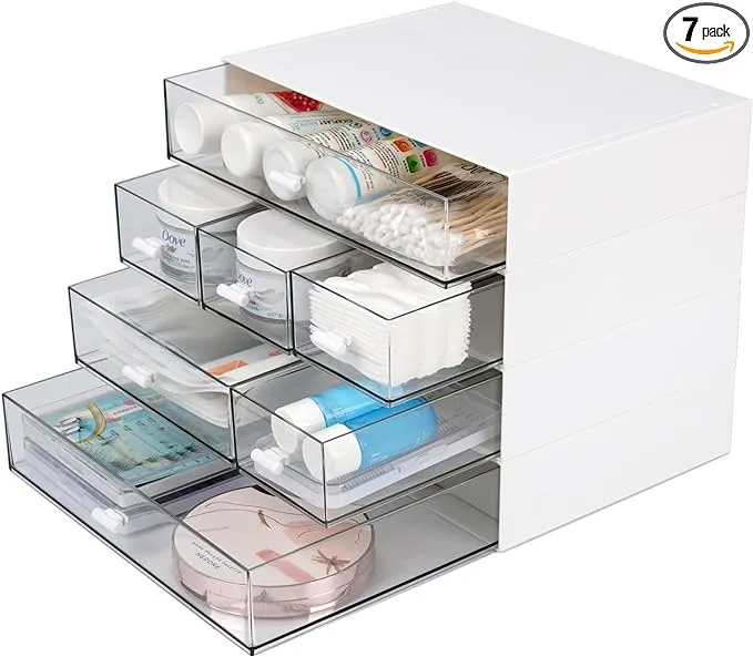 OSteed Desktop Drawers, Desk Organizer with 7 Drawers, Stackable Plastic Storage Box for Home Collection, Cosmetics, Office Supplies (4 Flat Layers, White)