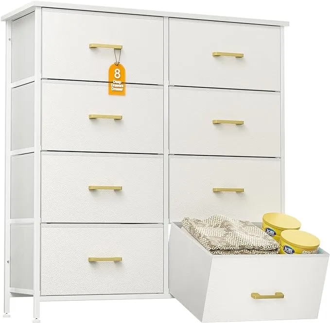 Tall Dresser for Bedroom with 8 Drawers, Chest of Drawers for Closet, Living Room, Hallway, Nursery, White Dresser with Sturdy Steel Frame, Fabric Bins, Leather Finish, Wood Top, White