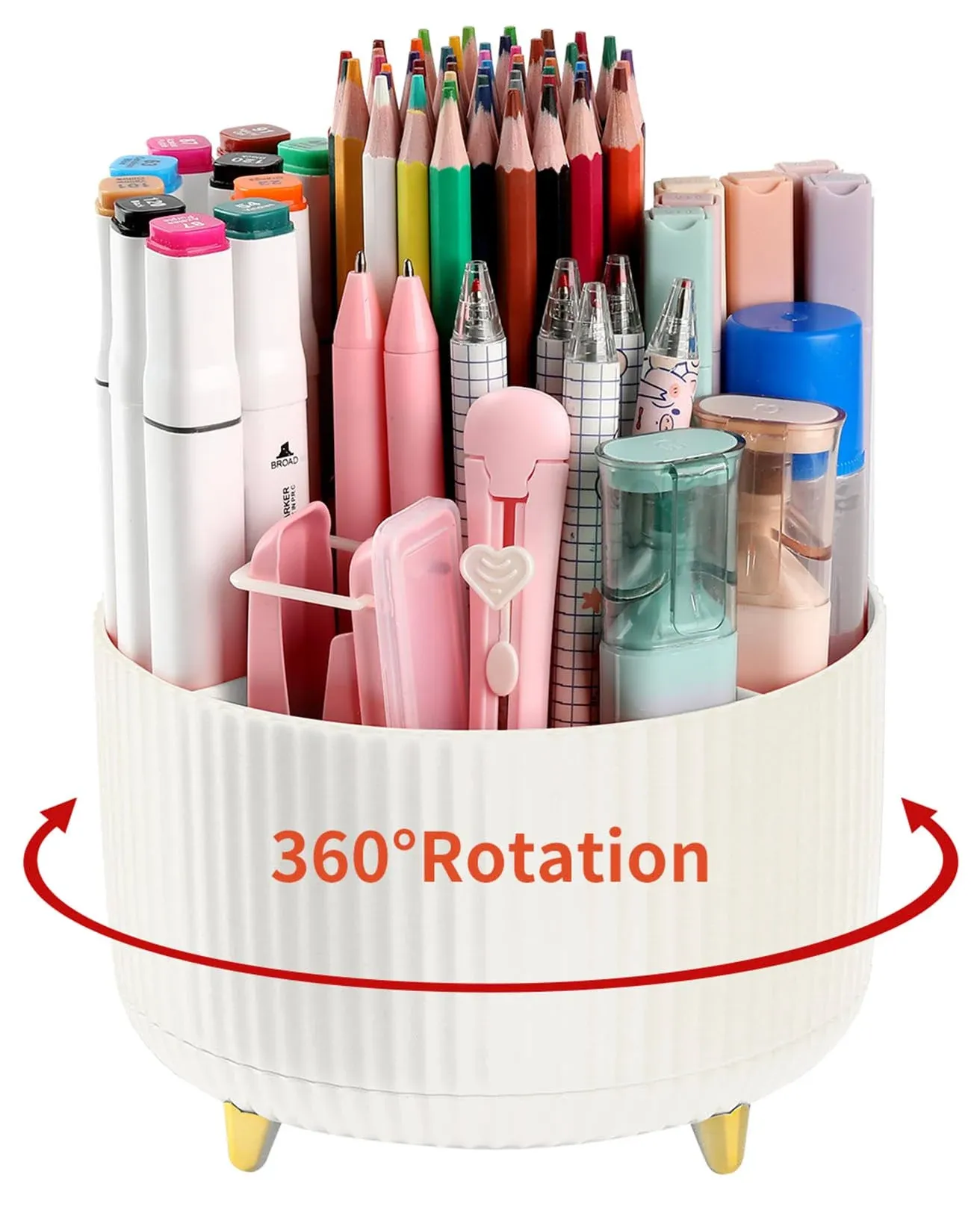 Desk Pencil Pen Holder, 5 Slots 360°Degree Rotating Pencil Pen Organizers for Desk, Desktop Storage Stationery Supplies Organizer, Cute Pencil Cup Pot for Office, School, Home, Art Supply, Beige