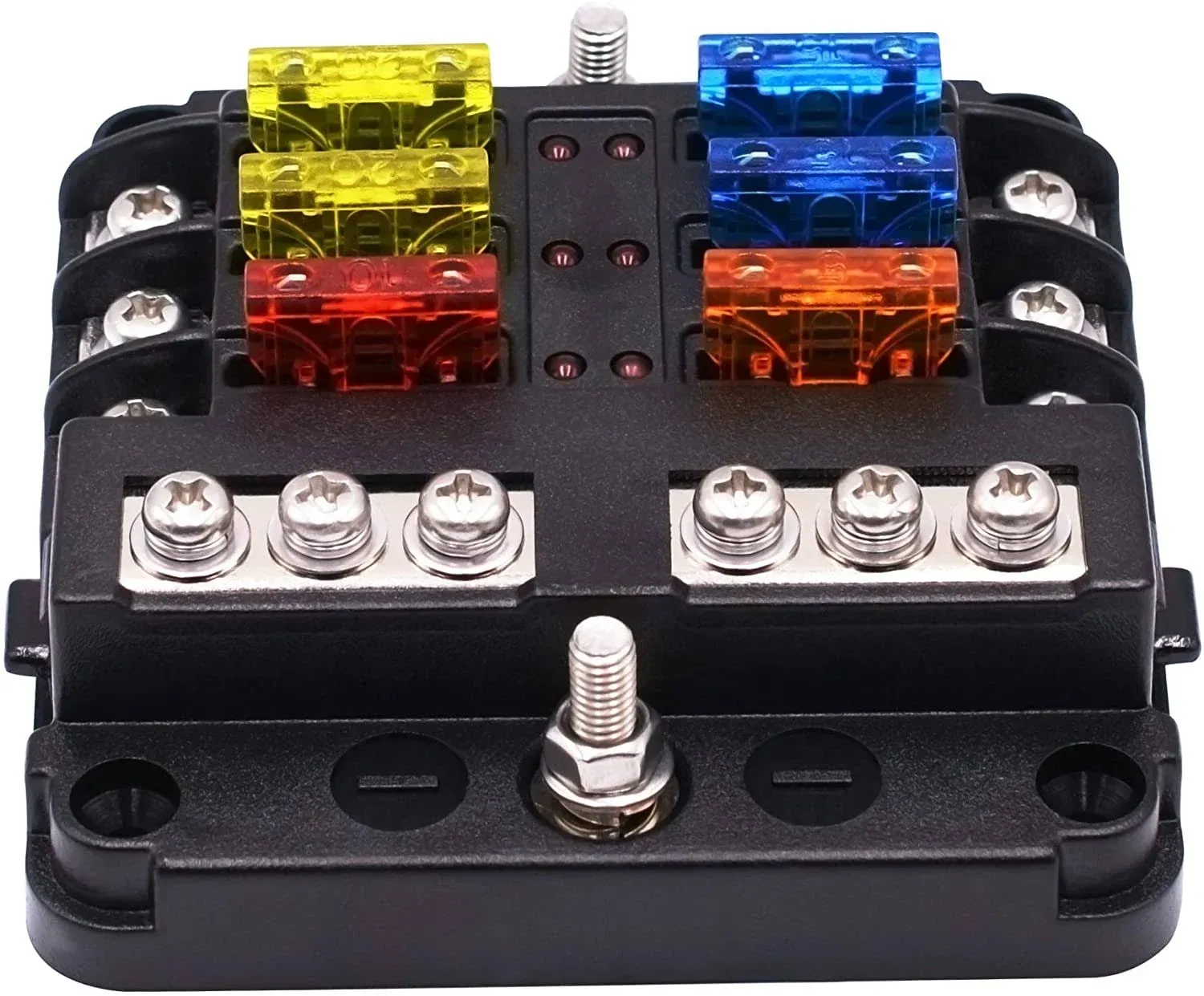 6-Way Fuse Box Blade Fuse Blocks with LED Warning Indicator Damp-Proof Cover for 12V/24V Automotive Car Truck Boat Marine Bus RV Van, 6 Circuit Independent Positive Negative