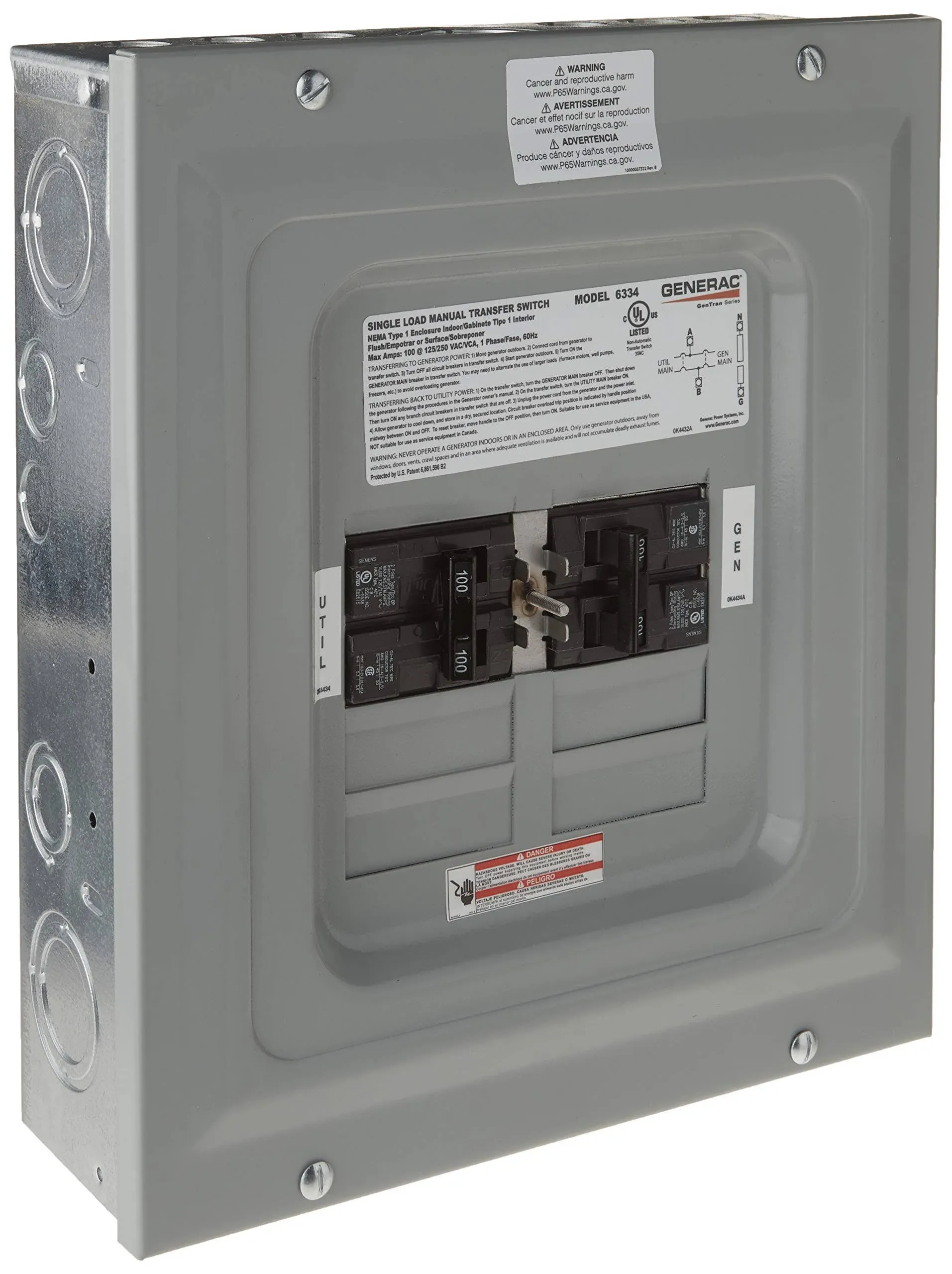 Generac 6333 60-Amp Single Load Double Pole Manual Transfer Switch for Portable Generators Gray