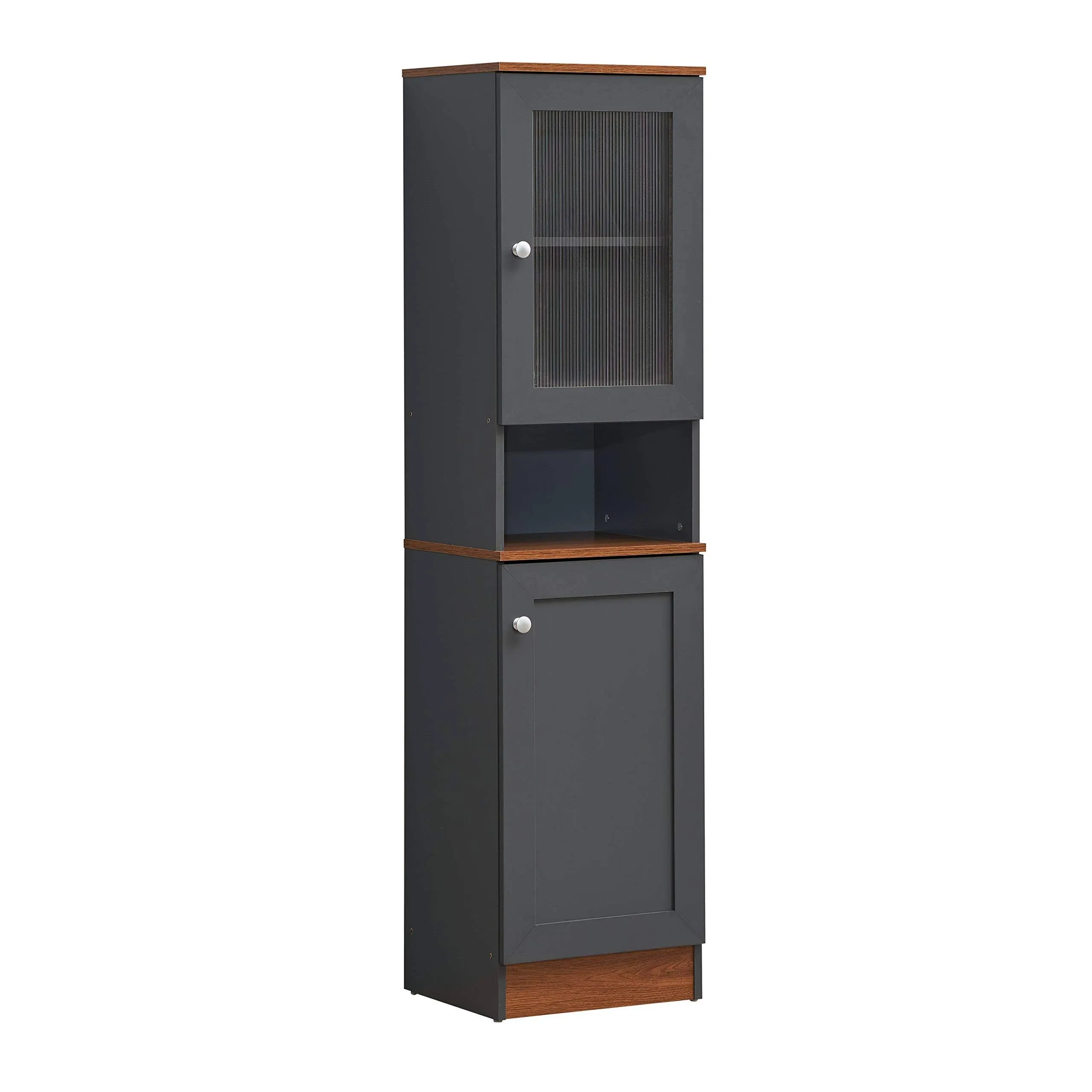 63" Tall Open Shelf Enclosed Storage Kitchen Pantry, Gray-Oak