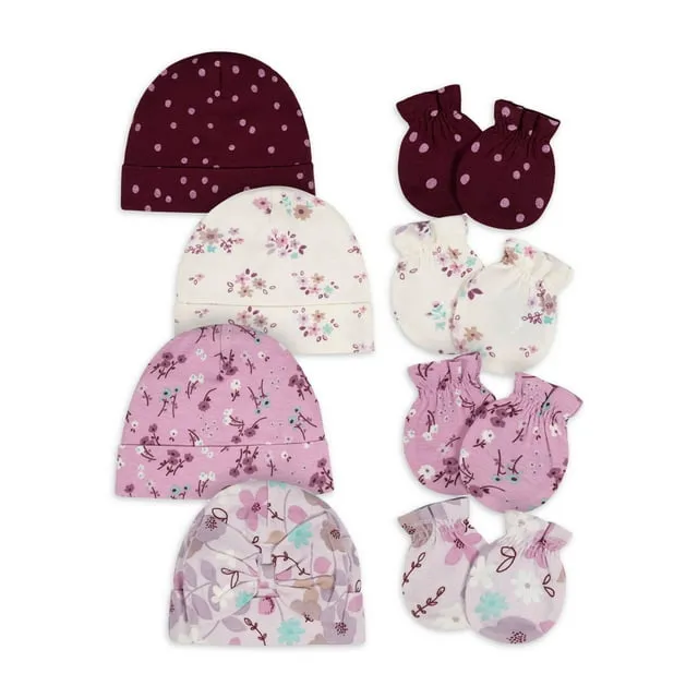 Gerber Baby Girl No Scratch Mittens & Caps Set, 8-Piece (Newborn - 0/3M)