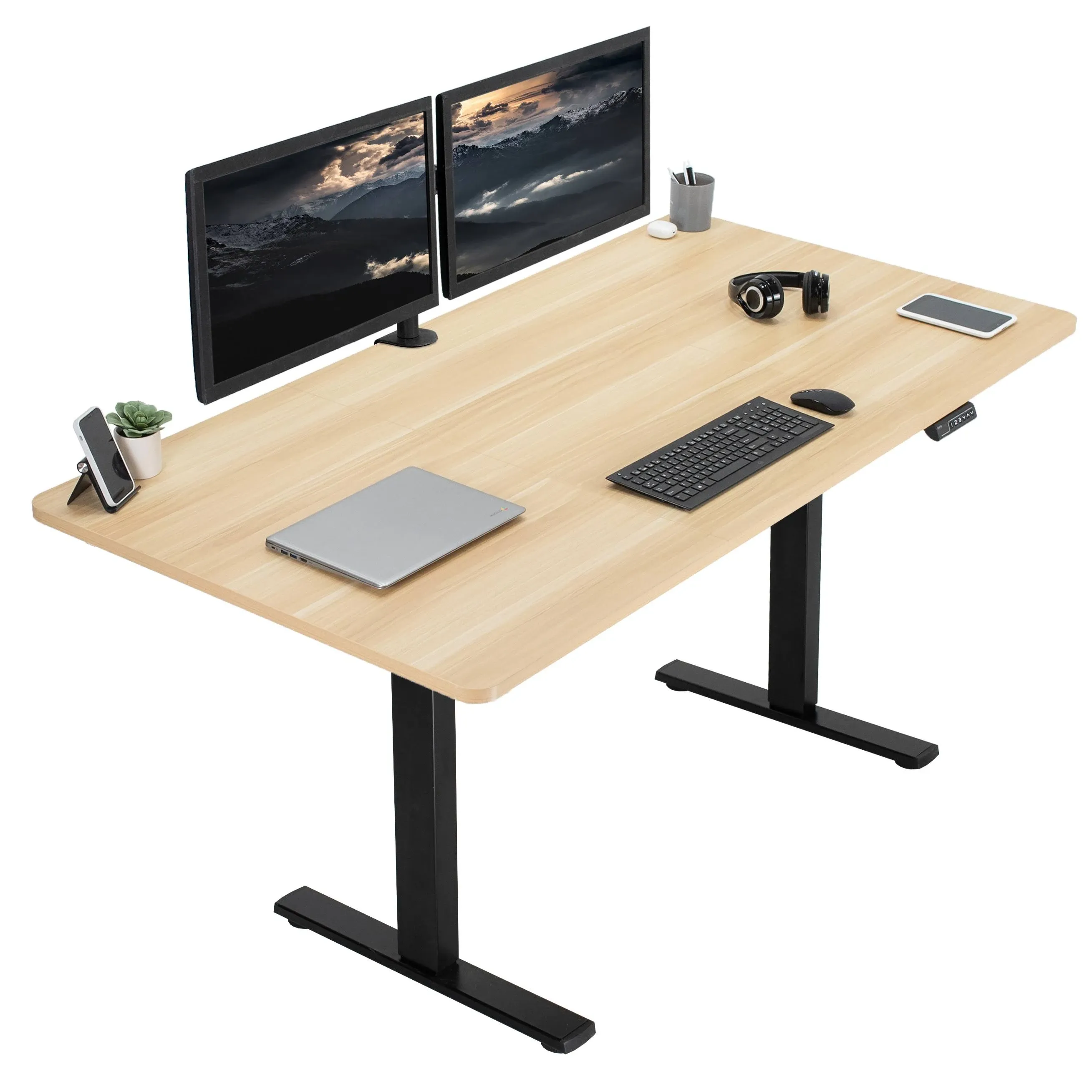 vivo Electric 71 x 36 Stand Up Desk, Light Wood Table Top, Black Frame