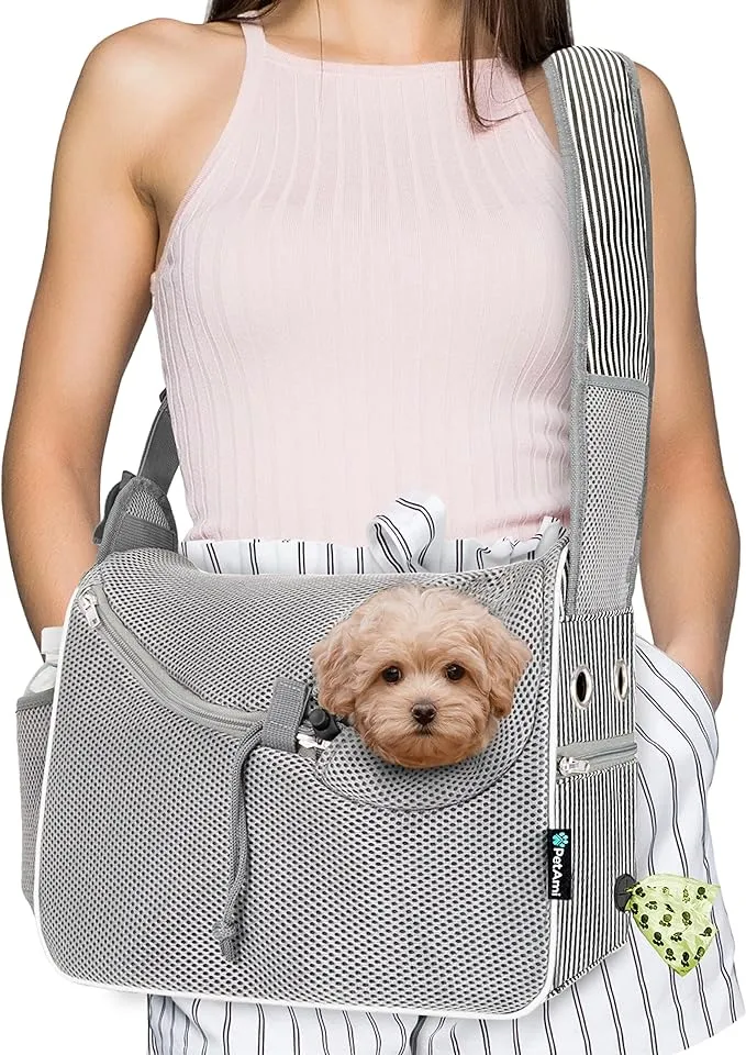 PetAmi Dog Sling Carrier for Small Dogs, Puppy Carrier Sling Purse, Dog Bags For Traveling, Carrying Bag to Wear Medium Cat, Adjustable Crossbody Pet Travel Poop Bag Dispenser, Max 5 lbs, Stripe Black