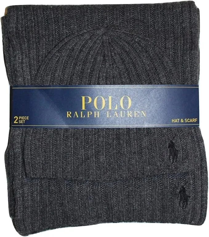 Polo Ralph Lauren Men's 2 Piece Set Hat & Scarf Navy Lambswool Blend