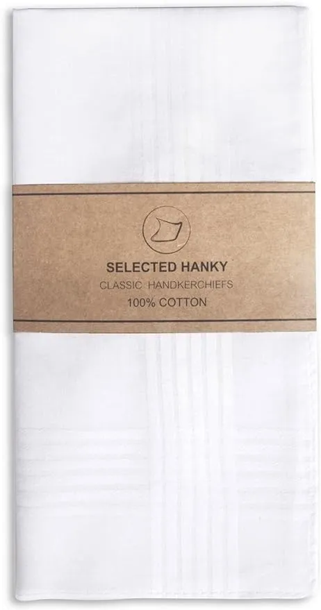 Selected Hanky Men's Handkerchiefs,100% Soft Cotton,White Classic Hankie Pack of 12