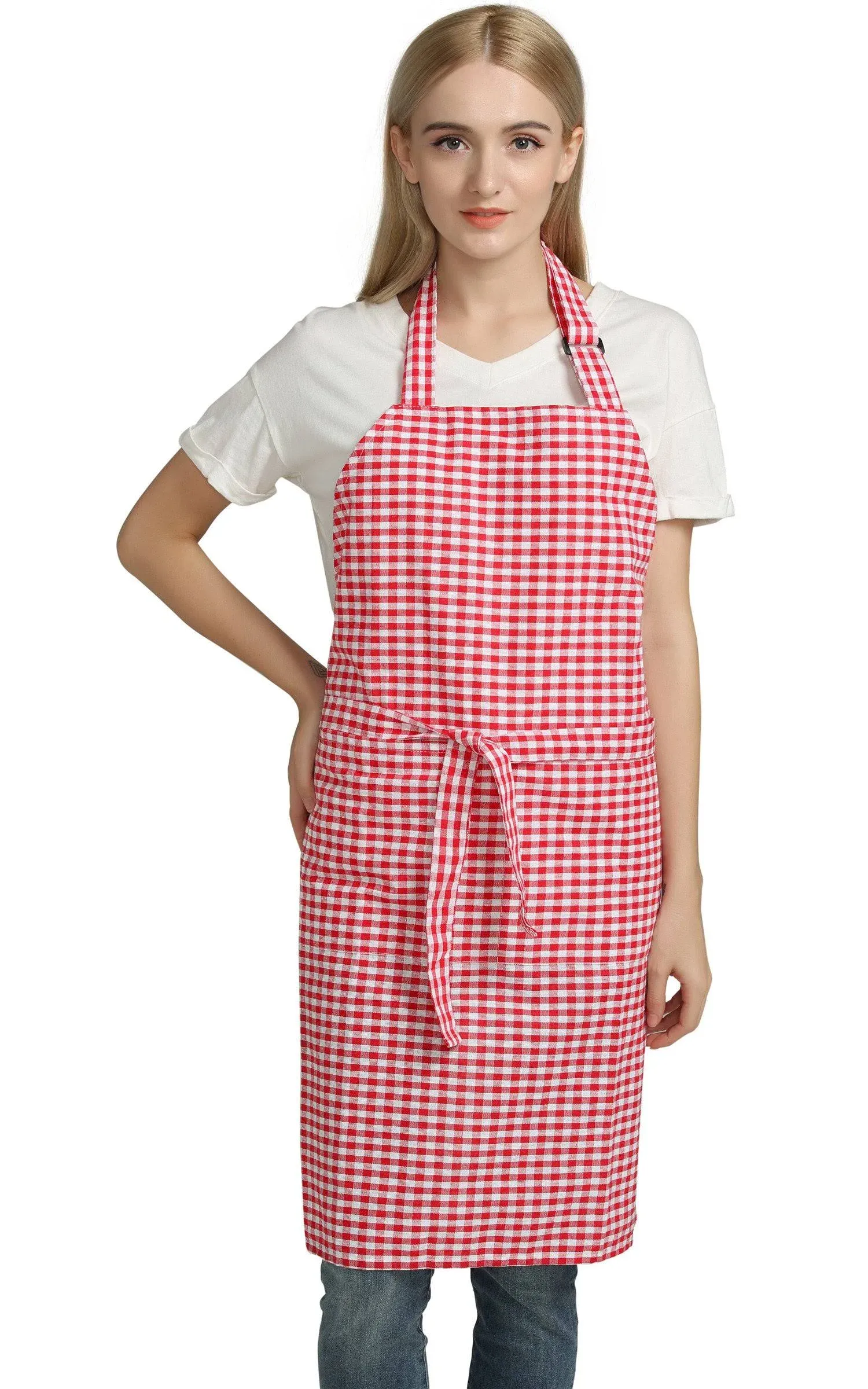 Vintage Gingham Kitchen Aprons Chef Bib Canvas Aprons Christmas Holiday Home Decorative 100% Pure Cotton Aprons in Large Size with Pockets Adjustable Neck Strap Long Ties Aprons(Red)