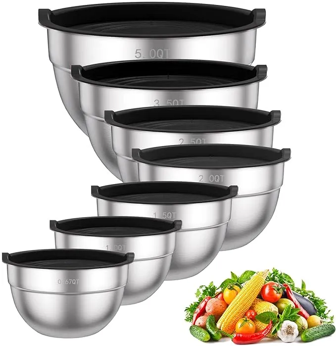 Metal Mixing Bowls with Lids, 7 PCS Stainless Steel Mixing Bowls for Kitchen, Storage Nesting Bowls for Baking Cooking Prepping Serving Food, Dishwasher Safe Mixing Bowl Set