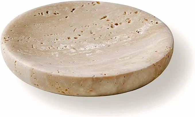 Round Travertine Tray for Jewelry, Marble Trinket Dish Tray, Nightstand Decor, Coaster, Soap Dish,Sponge Holder for Bathroom, Beige