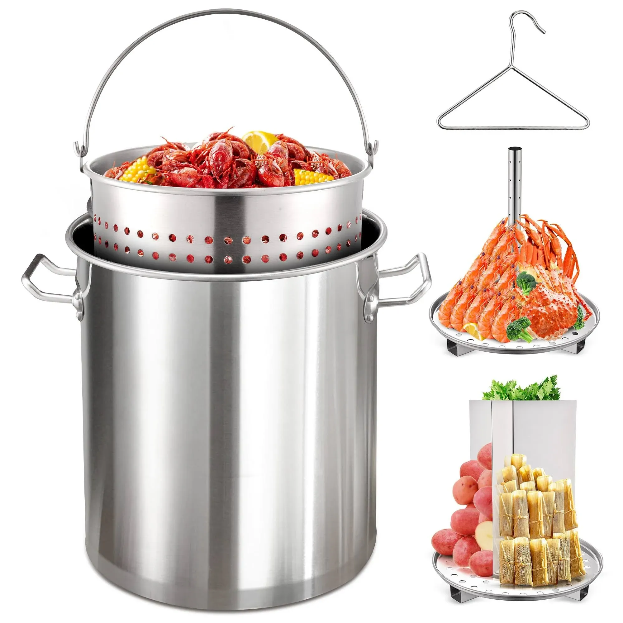 ARC 40QT Stainless Steel Stockpot 6-Piece For Turkey Fryer Pot with Basket and Steamer Rack,Boiling Cookware for Seafood Boil Pot,Tamale Steamer Pot,Crawfish Crab Shrimp Lobster Boil Pot with Strainer