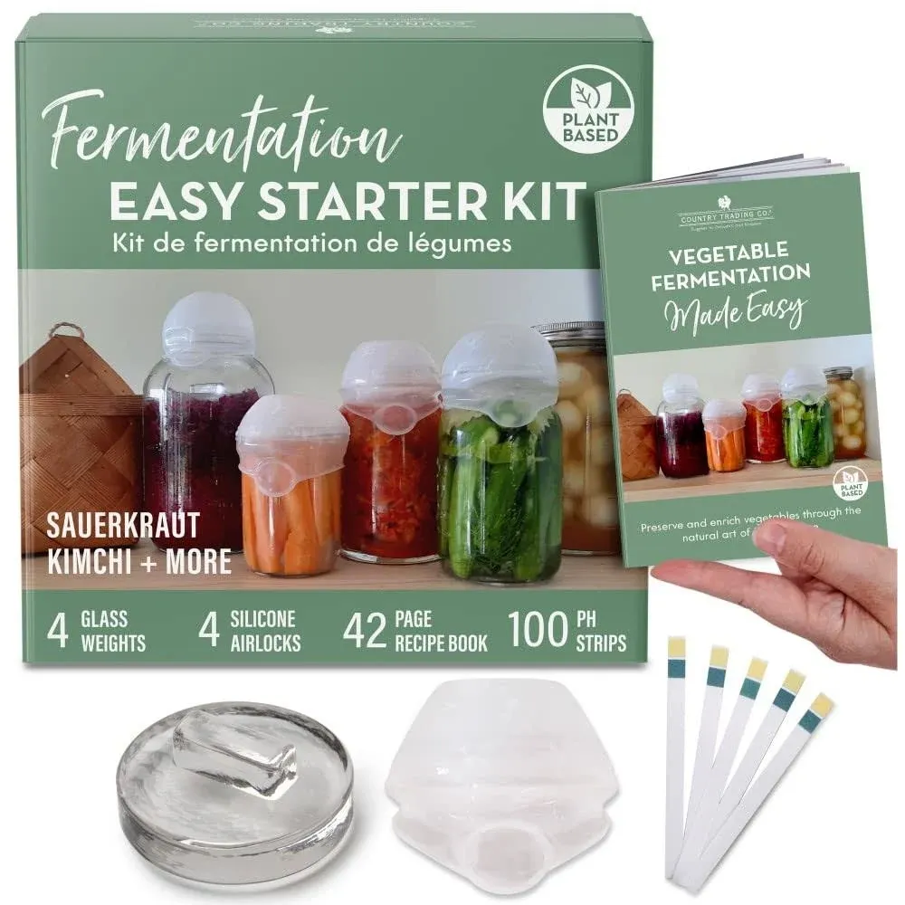 Fermentation Kit with 4 Glass Pickle Weights, 4 Airlock Lids, Easy Fermenting Recipes for Sauerkraut, Making Kimchi and Pickling Vegetables in Jars