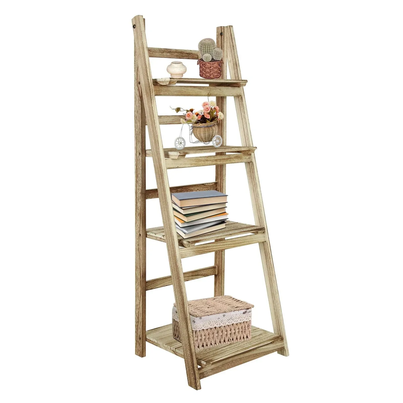 Babion 4 Tier Ladder Shelf, Industrial Leaning Bookshelves Ladder Bookcase Wooden ...