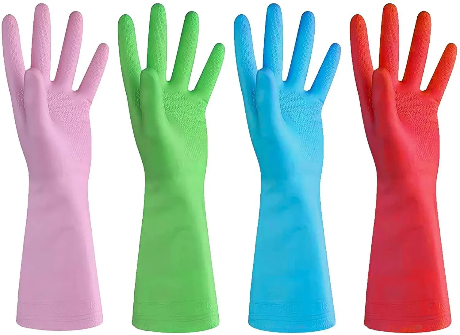 URBANSEASONS Dishwashing Rubber Gloves for Cleaning – 4 Pairs Household Gloves Including Blue, Pink, Green and Red, Non Latex and Fit Your Hands Well, Great Kitchen Tools